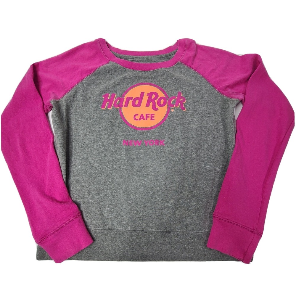 Hard Rock Cafe New York Juniors Fit Size Large Sweatshirt Pullover Pink Gray EC